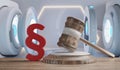 Red paragraph and judge gavel in front of creative technology background 3d-illustration Royalty Free Stock Photo
