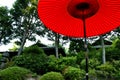 Red Parasol in Japanese Garden Royalty Free Stock Photo