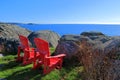 Red Parks Canada Adirondack Chairs at Fort Rodd Hill National Historic Park, Vancouver Island, British Columbia, Canada