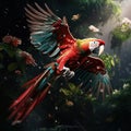 Red parrot fly in dark green Scarlet Ara in tropical Costa Wildlife scene from tropic natu