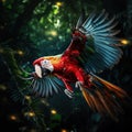 Red parrot fly in dark green vegetation. Scarlet Macaw Ara macao in tropical forest Costa Rica Wildlife scene from tropic Royalty Free Stock Photo