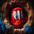 Red parrot in the nest hole. Parrot Scarlet Macaw Ara macao in dark green tropical forest Costa Rica Wildlife scene from Royalty Free Stock Photo