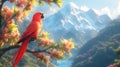 A red parrot perched on a branch of a flowering tree with snow-capped mountains in the background Royalty Free Stock Photo