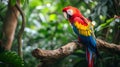 Red parrot Scarlet Macaw, Ara macao, bird sitting on the pal tree trunk, Panama. Wildlife scene from tropical forest Royalty Free Stock Photo