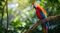 Red parrot Scarlet Macaw, Ara macao, bird sitting on the pal tree trunk, Panama. Wildlife scene from tropical forest Royalty Free Stock Photo