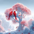 Red Parrots birds sitting on a tree in winter forest. Generative Ai