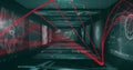 Red particles and scientific data processing image over futuristic corridor