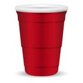 Red party cup realistic 3d vector illustration. Disposable plastic or paper container mockup for drinks and fun games isolated on