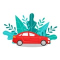 Red passenger car sedan on a background of foliage. Eco concept. Vector illustration in flat style isolated Royalty Free Stock Photo