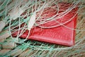 Red passport closeup caught in a fishing net. The concept of the fight against poachers and illegal sturgeon fishing