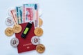 Red passport white background, Belarusian rubles with a memory card, digital currency bitcoin, gold coins, cold wallet