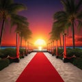 Red pathway to fame in dark with columns rope palm trees sunset award ceremony sphere star premiere vip luxury endless railing