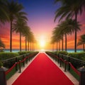 Red pathway to fame in dark with columns rope palm trees sunset award ceremony sphere star premiere vip luxury endless railing