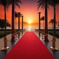 Red pathway to fame in dark with columns rope palm trees sunset award ceremony sphere star premiere vip luxury endless railing