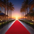 Red pathway to fame in dark with columns rope palm trees sunset award ceremony sphere star premiere vip luxury endless railing