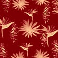 Red Pattern Art. Ruby Tropical Nature. Gray Floral Palm. Brown Drawing Design. Scarlet Fashion Background.