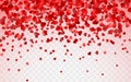 Red pattern of random falling hearts confetti. Border design element for festive banner, greeting card, postcard, wedding