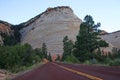 The red paved road towards the white Checkerboard Mesa during a summer sunset in Zion National Park Royalty Free Stock Photo