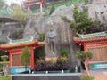 Red pavilion chinese temple with white foggy background