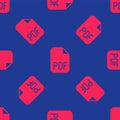 Red PDF file document. Download pdf button icon isolated seamless pattern on blue background. PDF file symbol. Vector Royalty Free Stock Photo