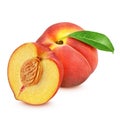 Red peach whole and halved isolated on white