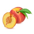 Red peach whole and halved isolated on white