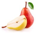 Red pear fruit with leaf and half of yellow pear Royalty Free Stock Photo