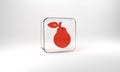 Red Pear icon isolated on grey background. Fruit with leaf symbol. Glass square button. 3d illustration 3D render Royalty Free Stock Photo