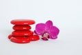 Red pebbles arranged in zen lifestyle with a dark pink orchid on the right side on white background Royalty Free Stock Photo