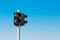 Red pedestrian light in front of a cloudless blue sky