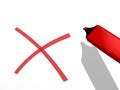 Red pen marker and a x rejection sign on a white background