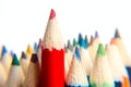 Red pencil close up. Red color pencil stand on various color pencils on white background, blur image. Leadership concept. Back to Royalty Free Stock Photo