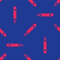 Red Pencil with eraser icon isolated seamless pattern on blue background. Drawing and educational tools. School office Royalty Free Stock Photo