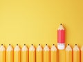 Red pencil move out of yellow pencil group for education disruption or smart leadership concept by 3d render