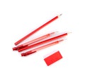 Red Pencil, Pen, Eraser Isolated on WHite Background Royalty Free Stock Photo