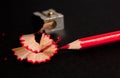 Red pencil with pencil shavings and pencil sharpener up close Royalty Free Stock Photo