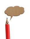 Red pencil saying with talk icon.