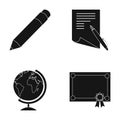 Red pencil, a sheet of paper with a blue handle, a diploma with a seal, a globe on a stand.School set collection icons