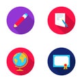 Red pencil, a sheet of paper with a blue handle, a diploma with a seal, a globe on a stand.School set collection icons