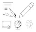 Red pencil, a sheet of paper with a blue handle, a diploma with a seal, a globe on a stand.School set collection icons