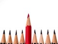 Red pencil standing out from crowd of plenty identical black fellows on white background. business success concept Royalty Free Stock Photo