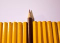 Red pencil standing out from crowd of plenty identical black fellows on white background Royalty Free Stock Photo