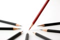 Red pencil standing out from crowd of plenty identical black fellows business success concept. Royalty Free Stock Photo