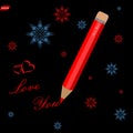 Red pencil with text forever with you and hearts, snowflake on black background eps10