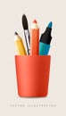 Red pencils holder with different stationery, isolated on white background. Realistic vector illustration