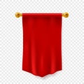 Red pennant. 3d realistic empty textile hanging on wall advertising flag, exhibition clear fabric mockup, template for