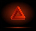 Red Penrose triangle on a black background, impossible figure