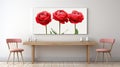 red peonies on a white wood texture, offering a backdrop for text and copy space, rendered with hyperrealistic precision