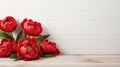 red peonies on a white wood texture, offering a backdrop for text and copy space, rendered with hyperrealistic precision