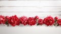 red peonies on a white wood texture, offering a backdrop for text and copy space, rendered with hyperrealistic precision